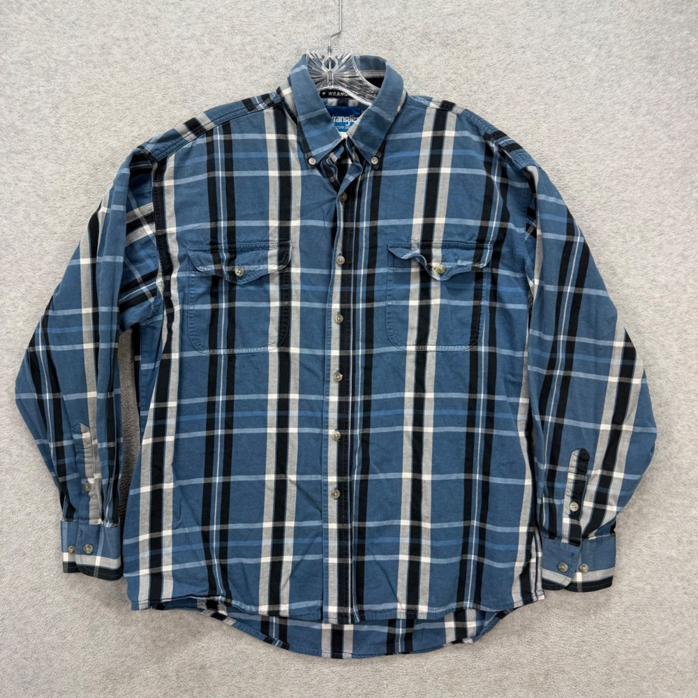 Wrangler Western Shirt Mens Large Blue Plaid Long Sleeve Grunge Work‎ Flannel